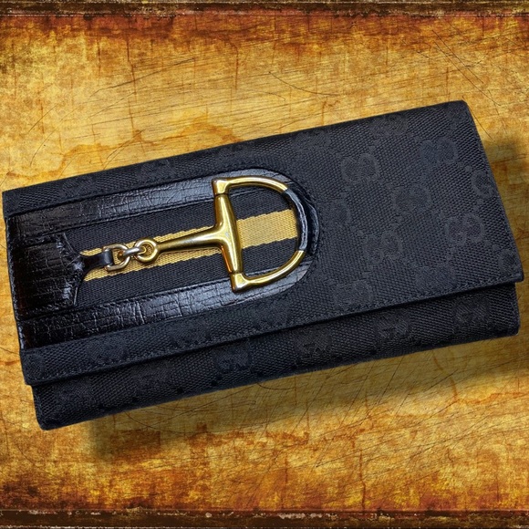 🚫SOLD🚫GUCCI canvas stripe horse bit full-size wallet signature print black